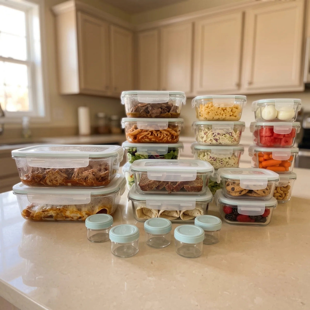 35 PC Glass Set - Large Set with many Unique Sizes - 35_GFood_Set_BabyBlue