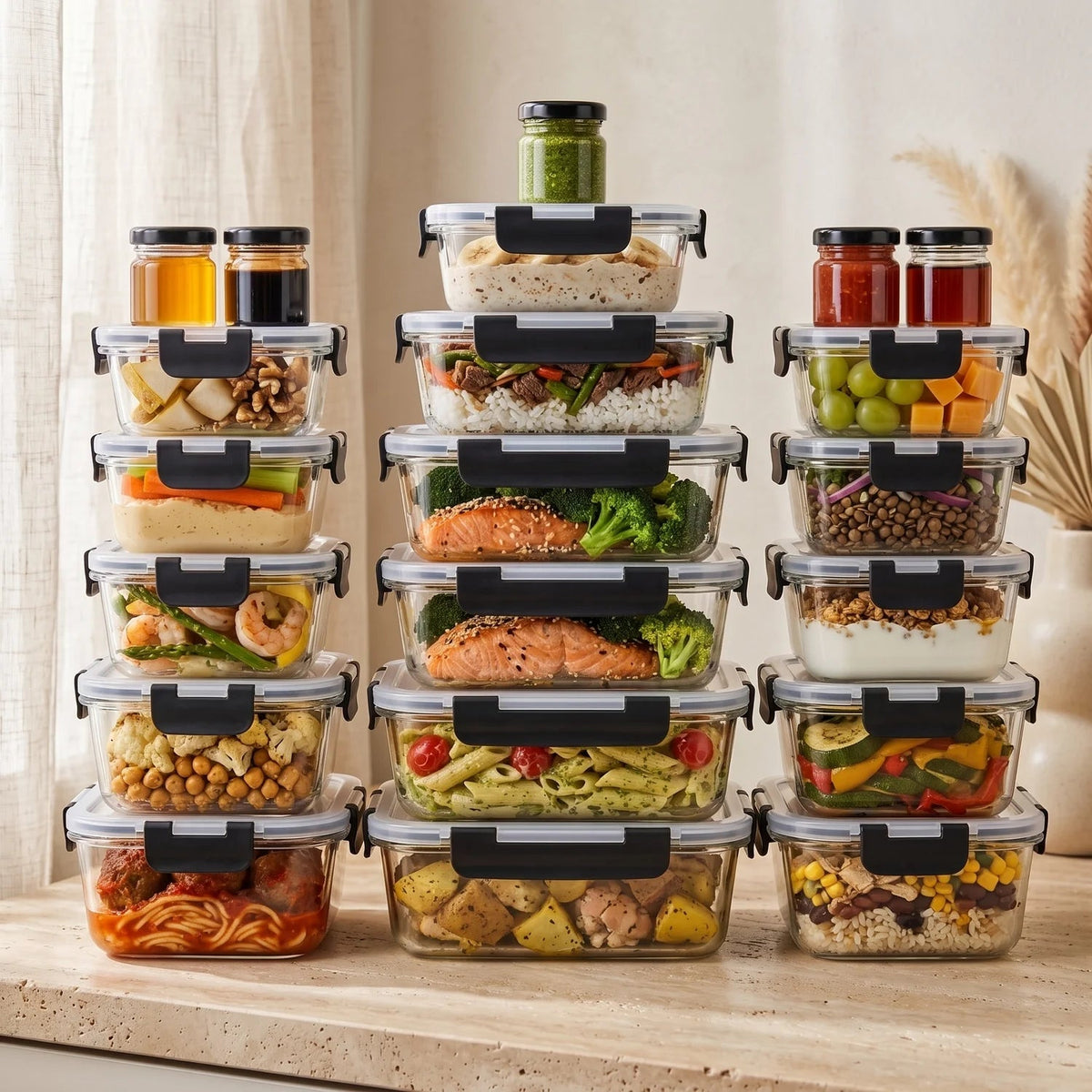 Razab 40 PC Glass Kitchen Storage Containers with Lids, Stackable Set - 40PC_Glass_Black