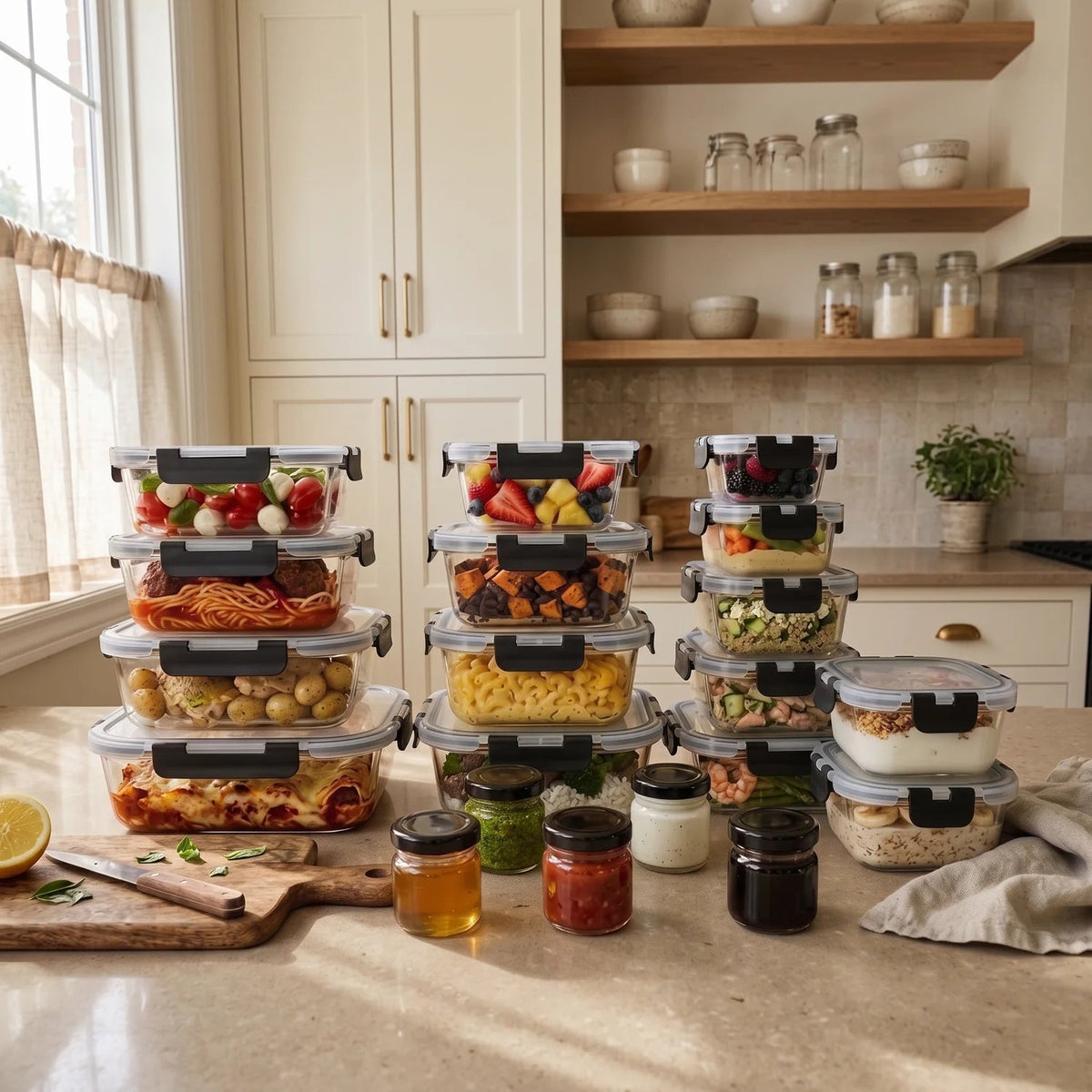 Razab 40 PC Glass Kitchen Storage Containers with Lids, Stackable Set - 40PC_Glass_Black