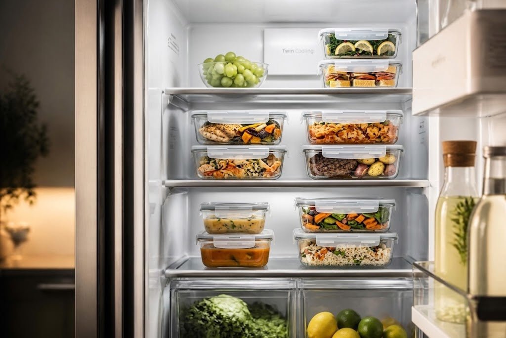 An organized fridge stacked with Razab glass food storage containers