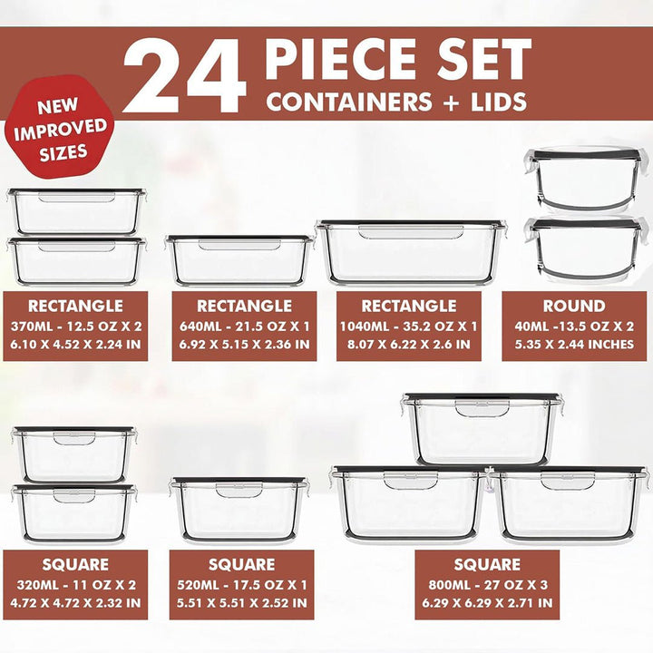 24 PC Glass Set - 5 Different Sizes - 24_GFood_Set_New_Black