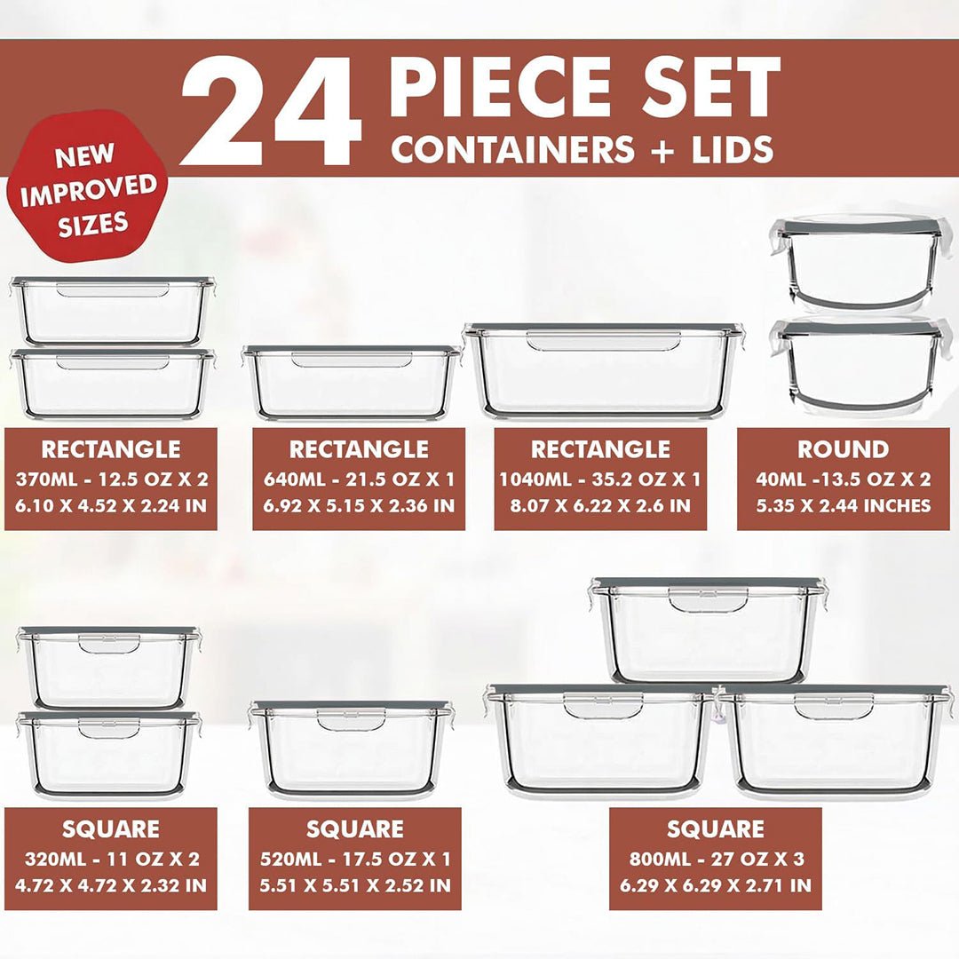 24 PC Glass Set - 5 Different Sizes - 24_GFood_Set_New_Gray