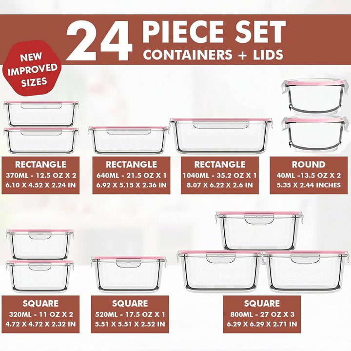 24 PC Glass Set - 5 Different Sizes - 24_GFood_Set_New_Pink