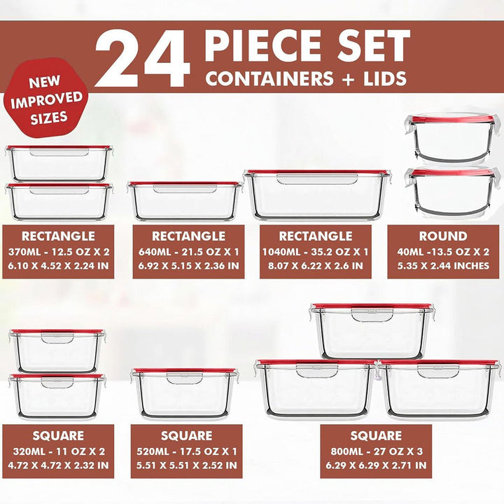 24 PC Glass Set - 5 Different Sizes - 24_GFood_Set_New_Red