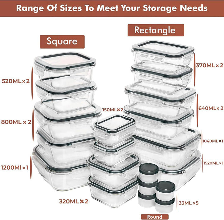 35 PC Glass Set - Large Set with many Unique Sizes - 35_GFood_Set_Black