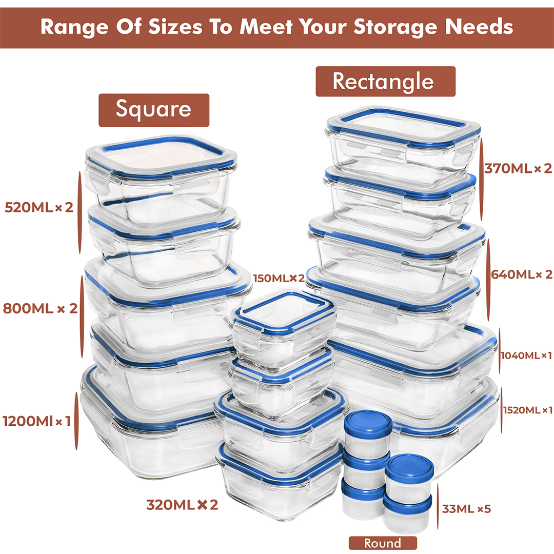 35 PC Glass Set - Large Set with many Unique Sizes - 35_GFood_Set_Blue