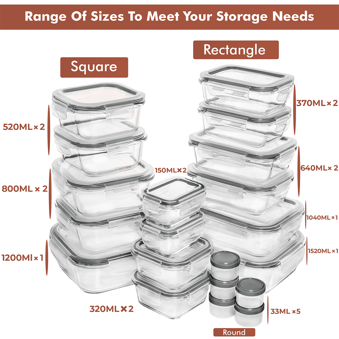 35 PC Glass Set - Large Set with many Unique Sizes - 35_GFood_Set_Gray