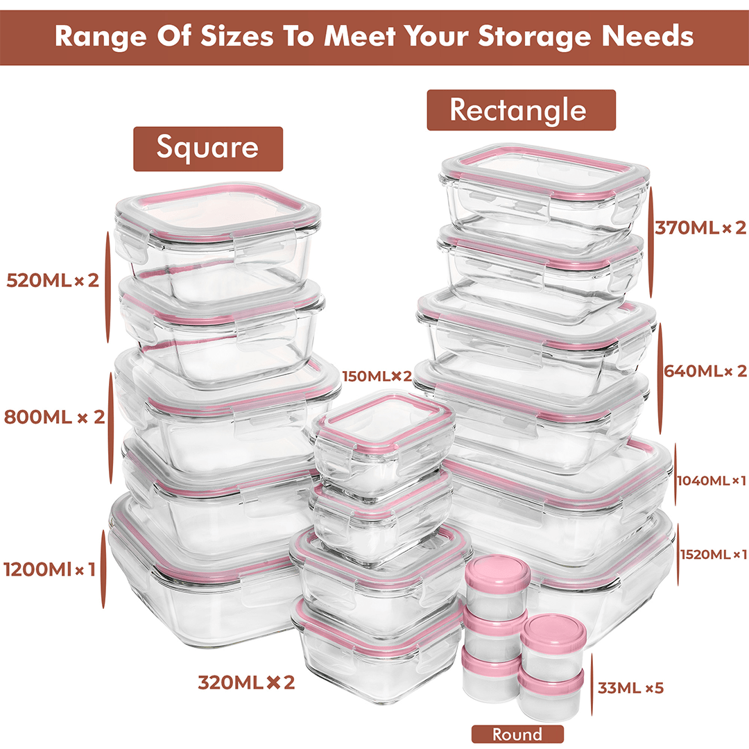 35 PC Glass Set - Large Set with many Unique Sizes - 35_GFood_Set_Pink