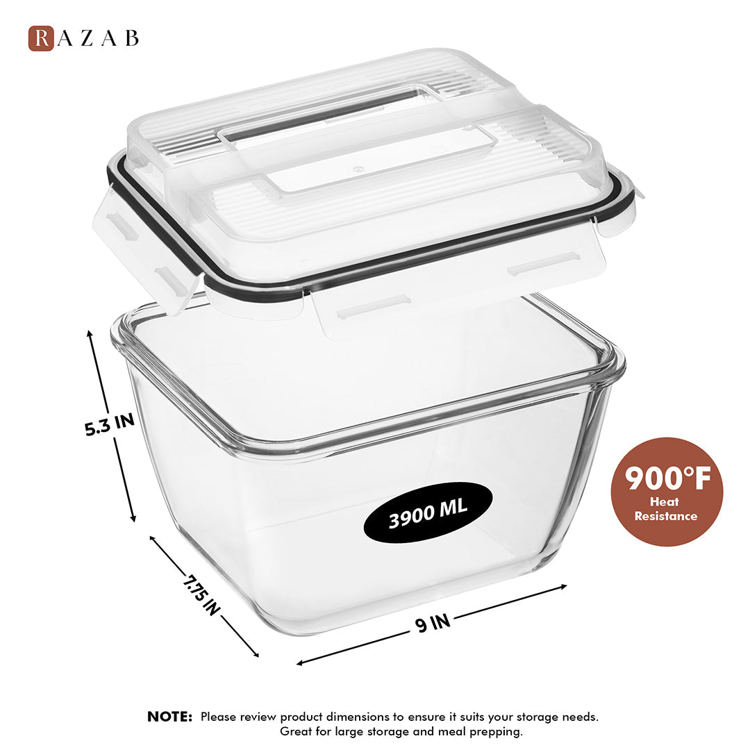 3900ml Large Glass Food Storage Container with Airtight Lid - 3900ML_Glass_Black