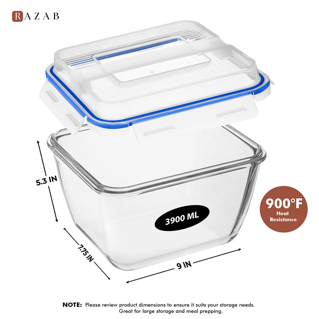 3900ml Large Glass Food Storage Container with Airtight Lid - 3900ML_Glass_Blue