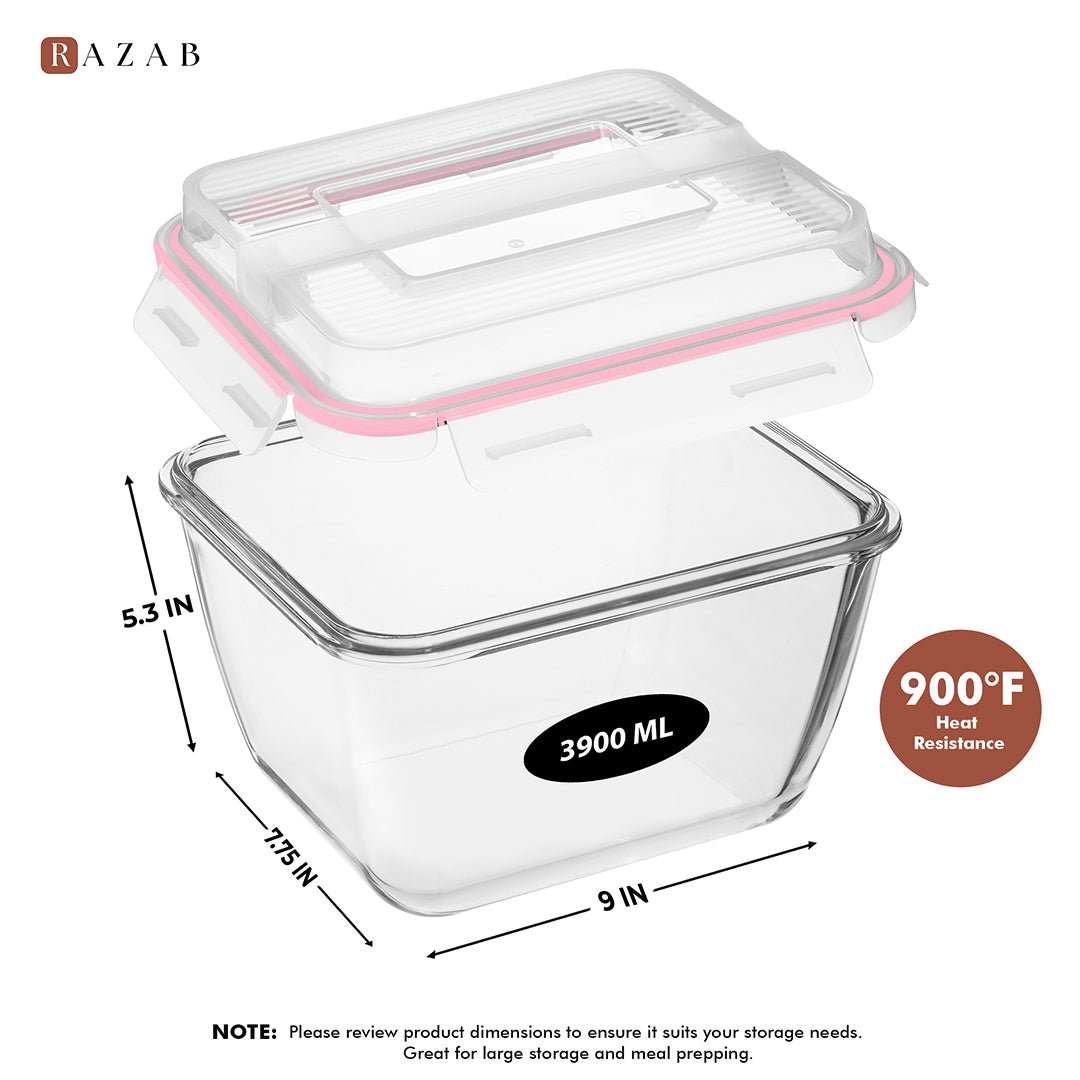 3900ml Large Glass Food Storage Container with Airtight Lid - 3900ML_Glass_Pink
