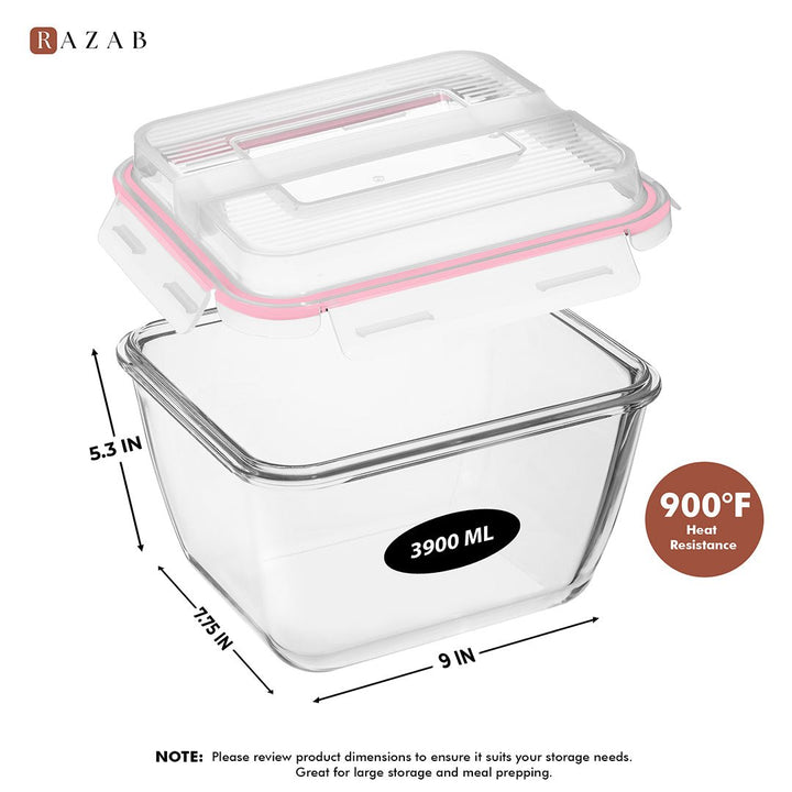 3900ml Large Glass Food Storage Container with Airtight Lid - 3900ML_Glass_Pink