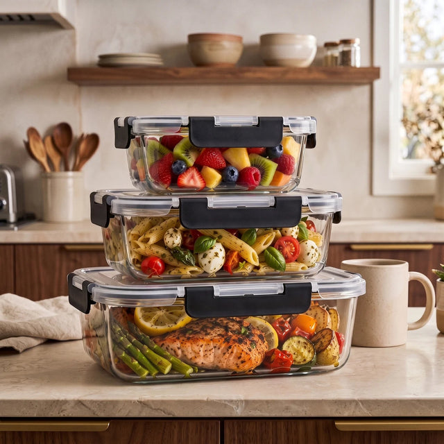 Razab 3 Pack (76/35 / 12.5) Oz Large Glass Storage Containers with Lids - 3PC_Glass_LL_Black
