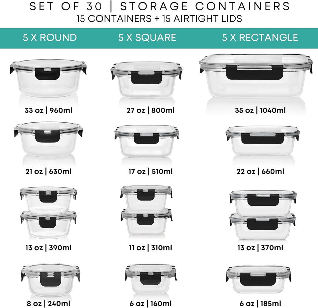 Razab 30 PC Glass Food Storage Containers - 30PC_GFS_GRAY