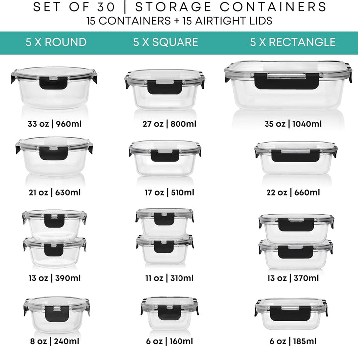 Razab 30 PC Glass Food Storage Containers - 30PC_GFS_GRAY