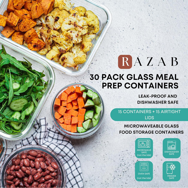 Razab 30 PC Glass Food Storage Containers - 30PC_GFS_GRAY