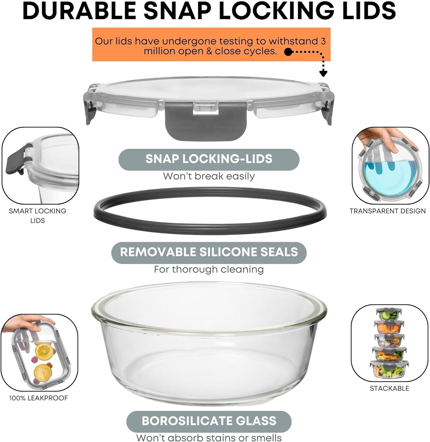 Razab 30 PC Glass Meal Prep Containers with Grey Lid
