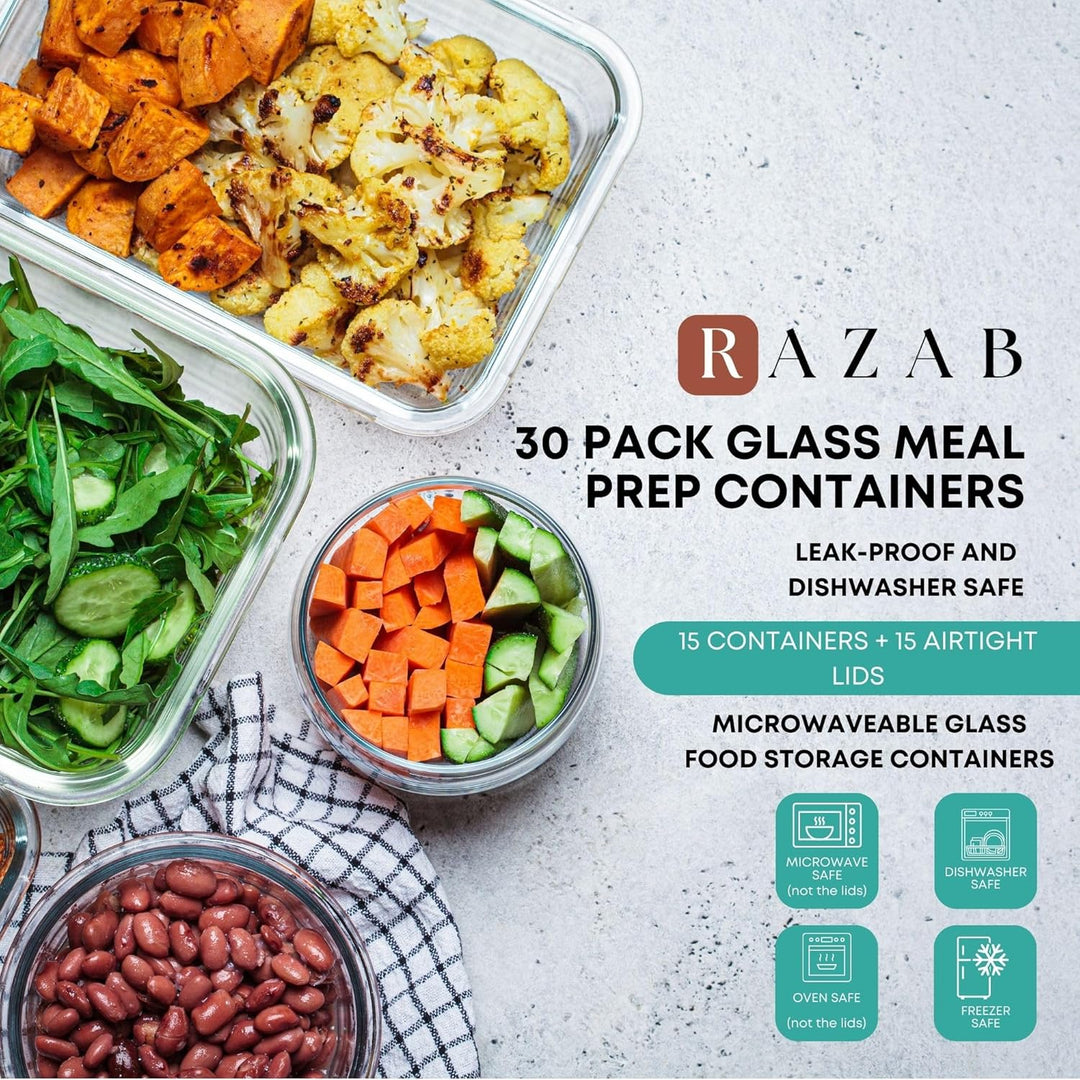 Razab 30 PC Glass Meal Prep Containers - 30_Glass_Gray