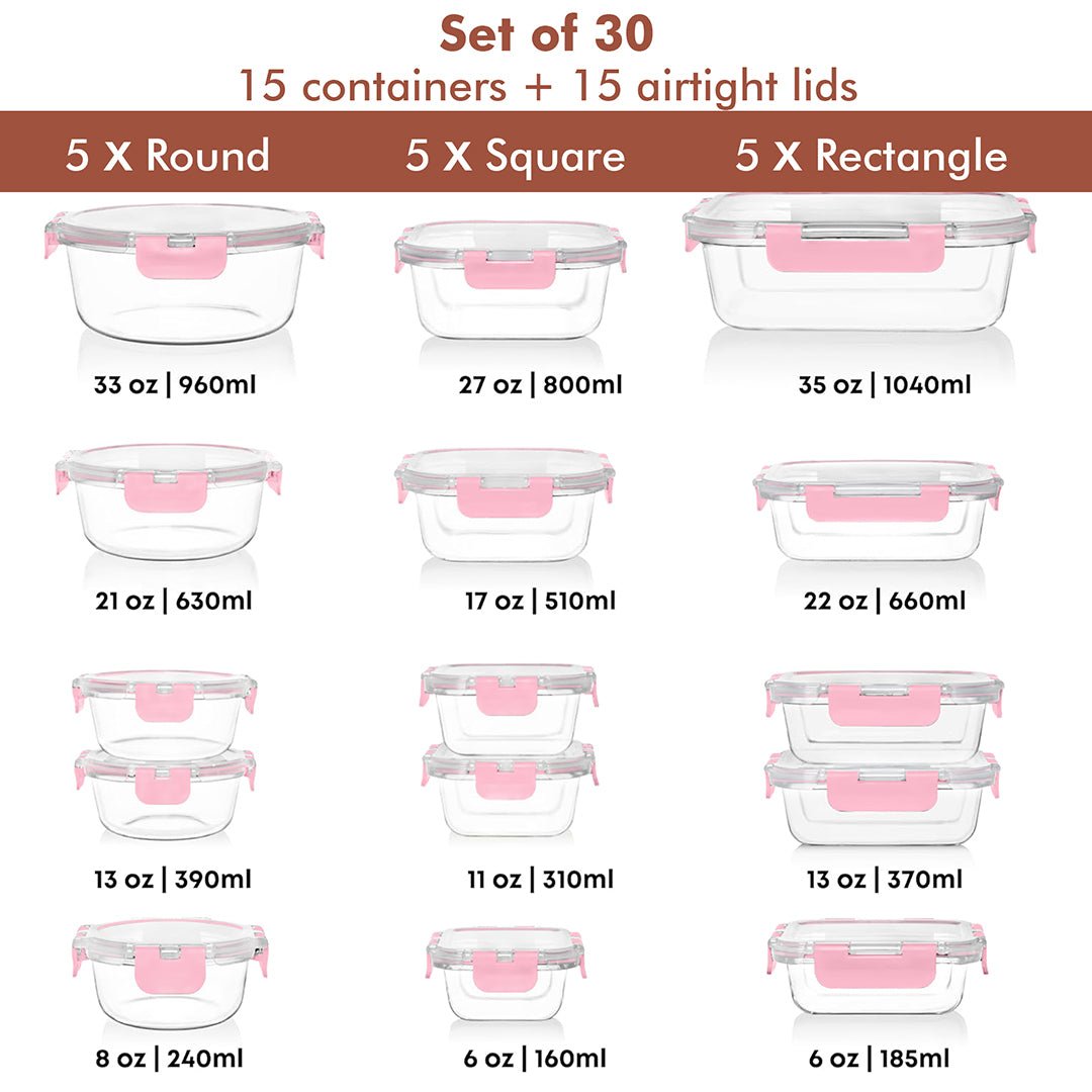 Razab 30 PC Glass Meal Prep Containers - 30_Glass_Pink