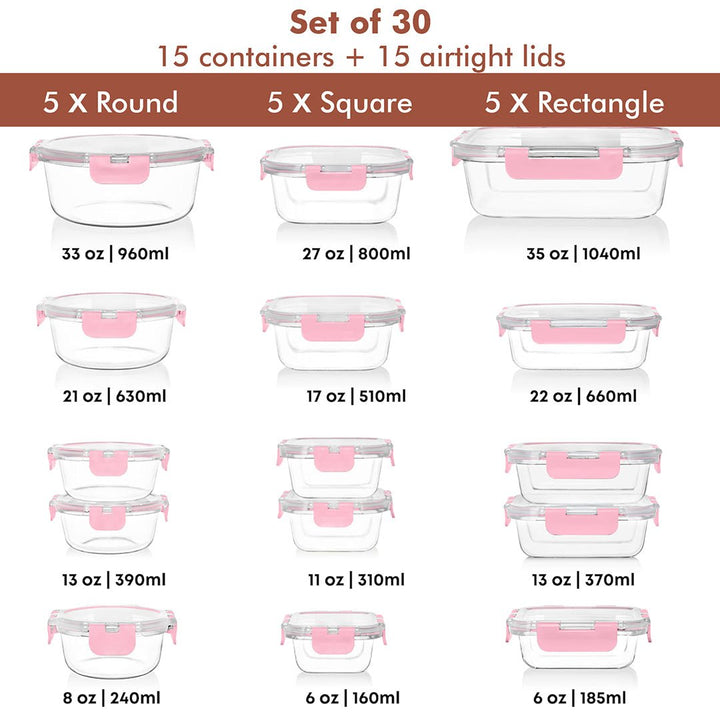 Razab 30 PC Glass Meal Prep Containers - 30_Glass_Pink
