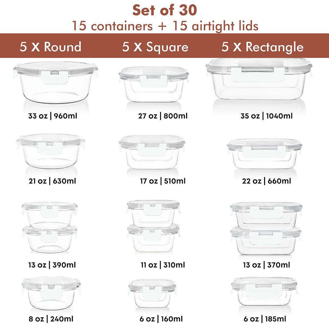 Razab 30 PC Glass Meal Prep Containers - 30_Glass_White