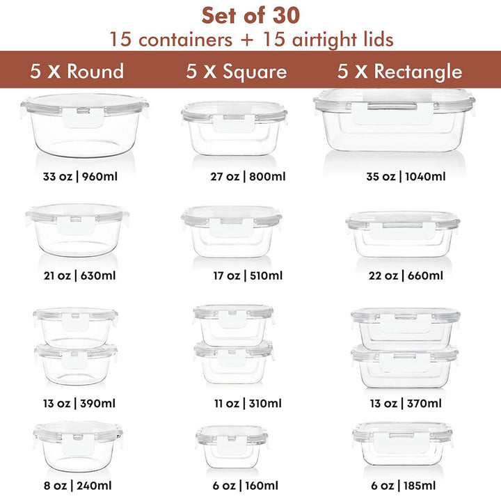 Razab 30 PC Glass Meal Prep Containers - 30_Glass_White