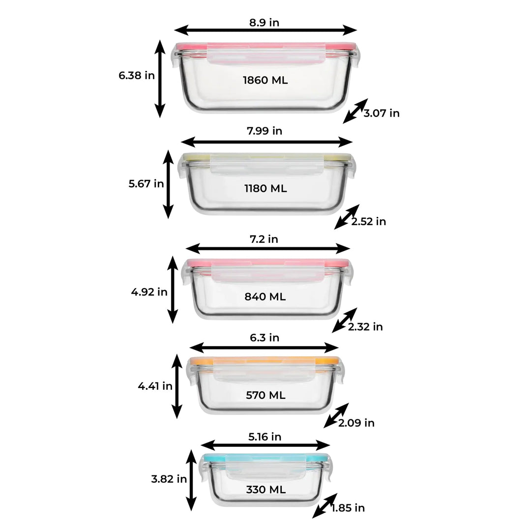 Set of 10 Pc (Color Coded Lids) - 10_Glass_ColorLids