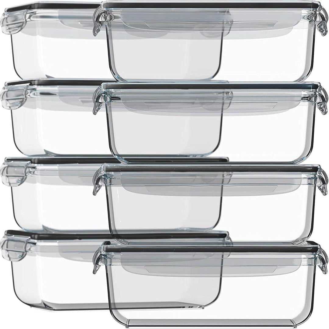 Set of 16 Pc Glass Food Storage Container - 16_SSGFood_Set_Black