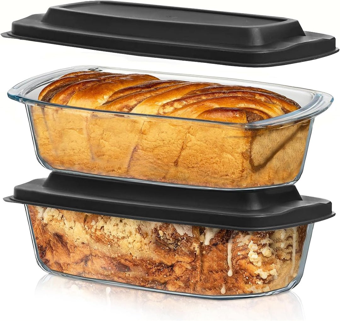 Set Of 2 Glass Loaf Pan Containers - 2setLoafPan_NewLid_Black