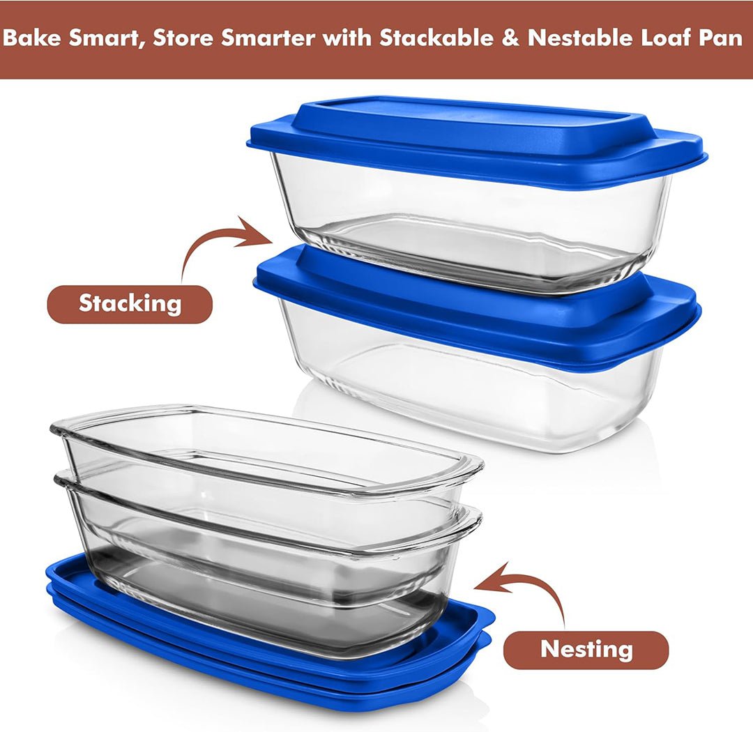 Set Of 2 Glass Loaf Pan Containers - 2setLoafPan_NewLid_DarkBlue