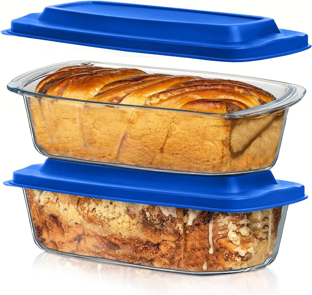 Set Of 2 Glass Loaf Pan Containers - 2setLoafPan_NewLid_DarkBlue