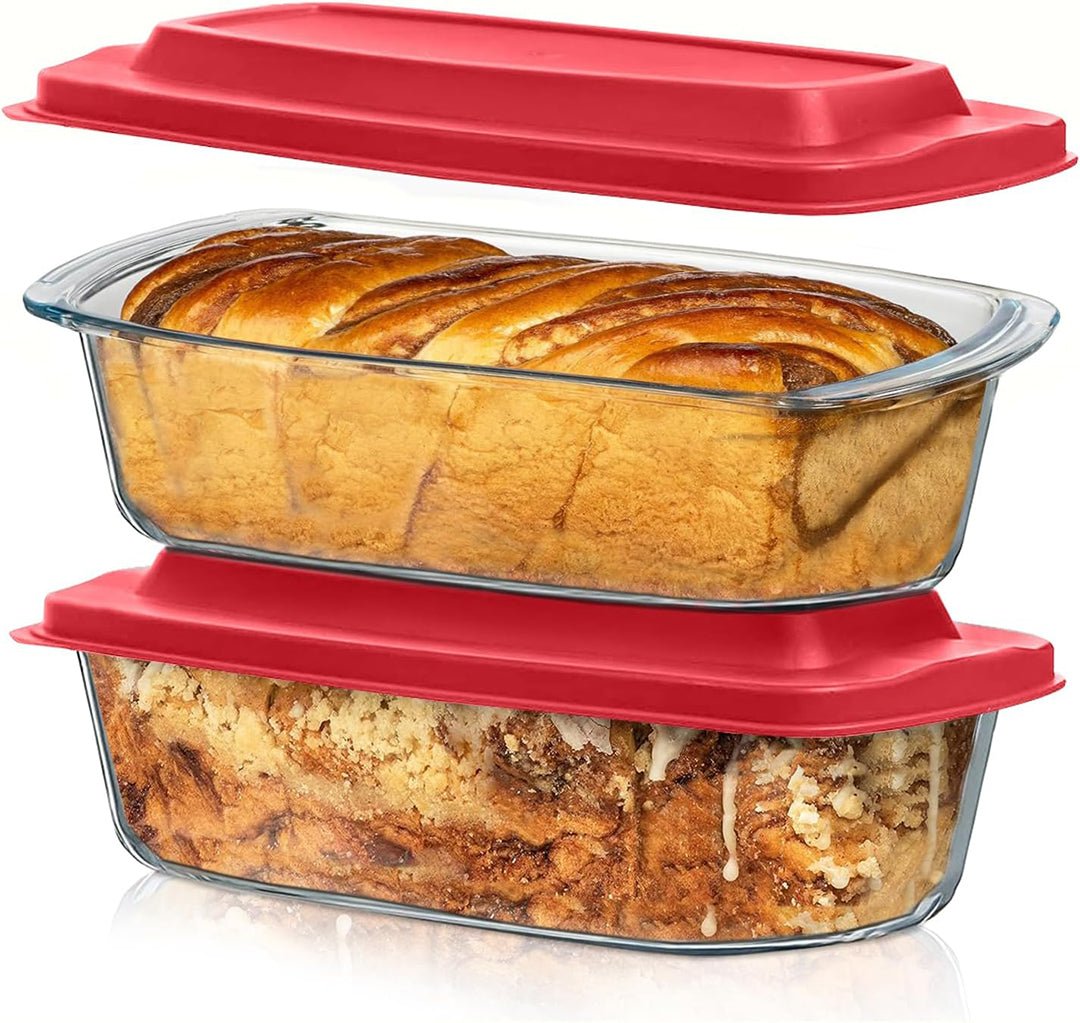 Set Of 2 Glass Loaf Pan Containers - 2setLoafPan_NewLid_Red