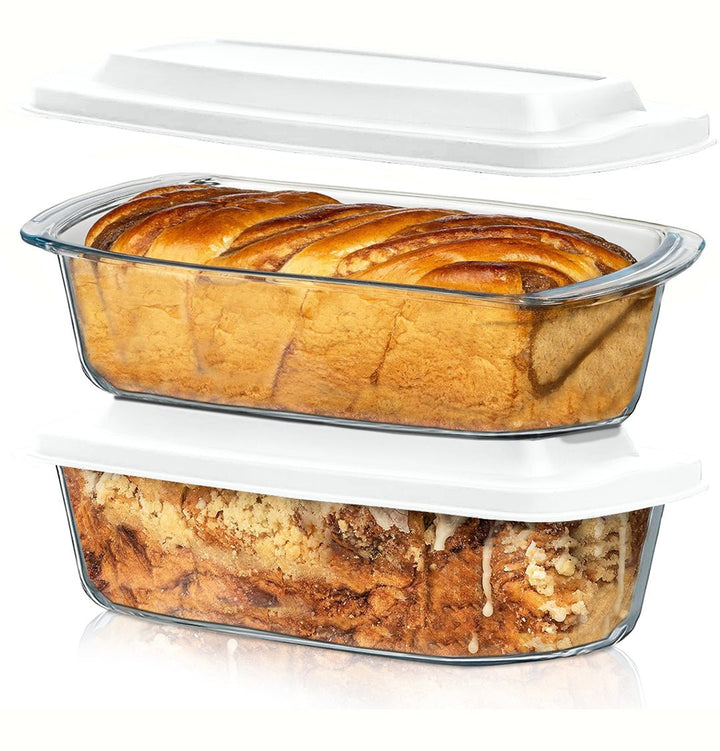 Set Of 2 Glass Loaf Pan Containers - 2setLoafPan_NewLid_White