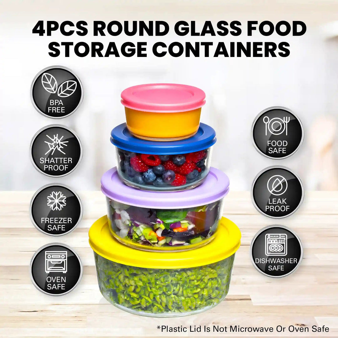 4 pc Round Glass Food Storage Containers (2 sets of Colored Lids)