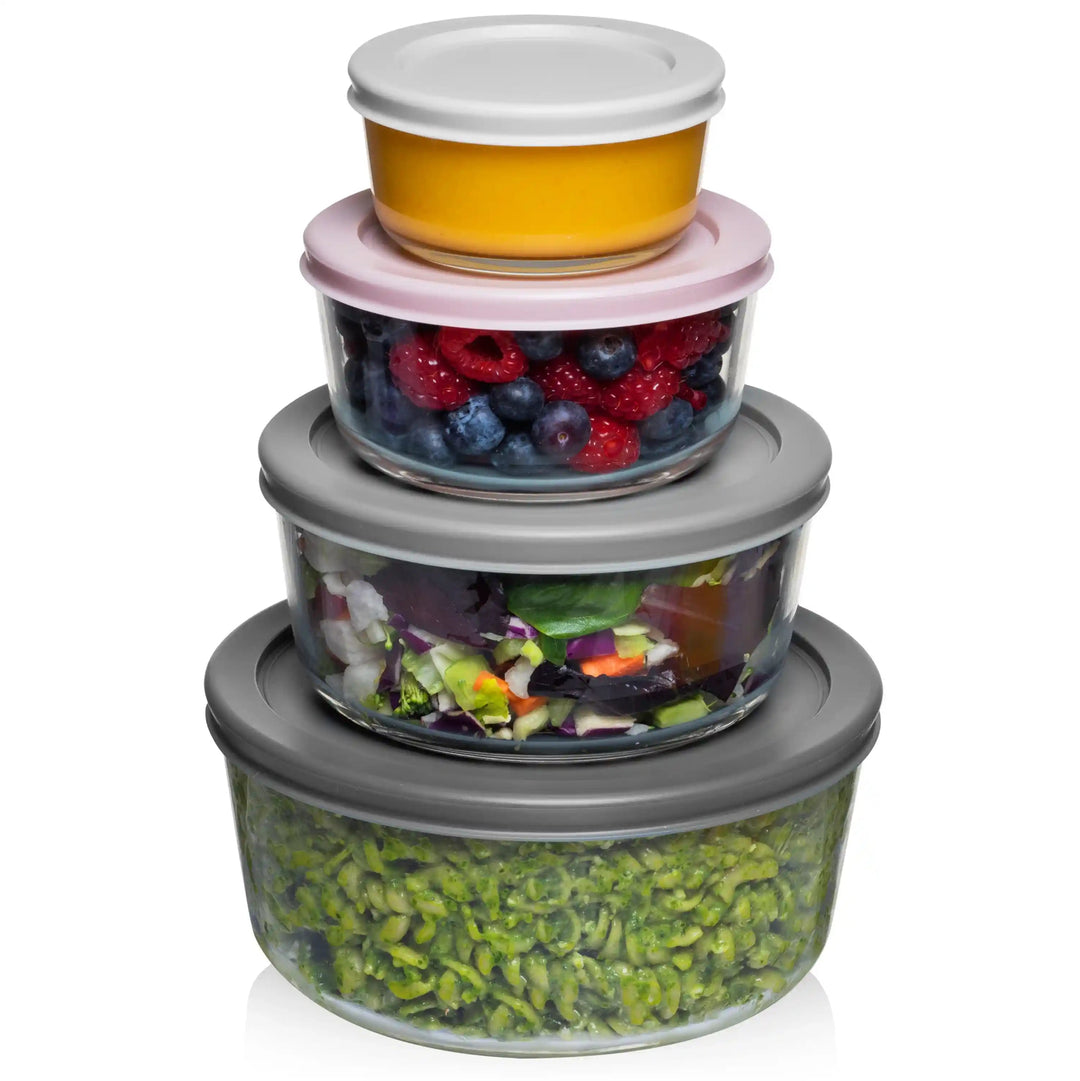 4 pc Round Glass Food Storage Containers (2 sets of Colored Lids)