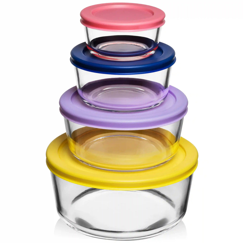 4 pc Round Glass Food Storage Contianers (2 sets of Colored Lids) -