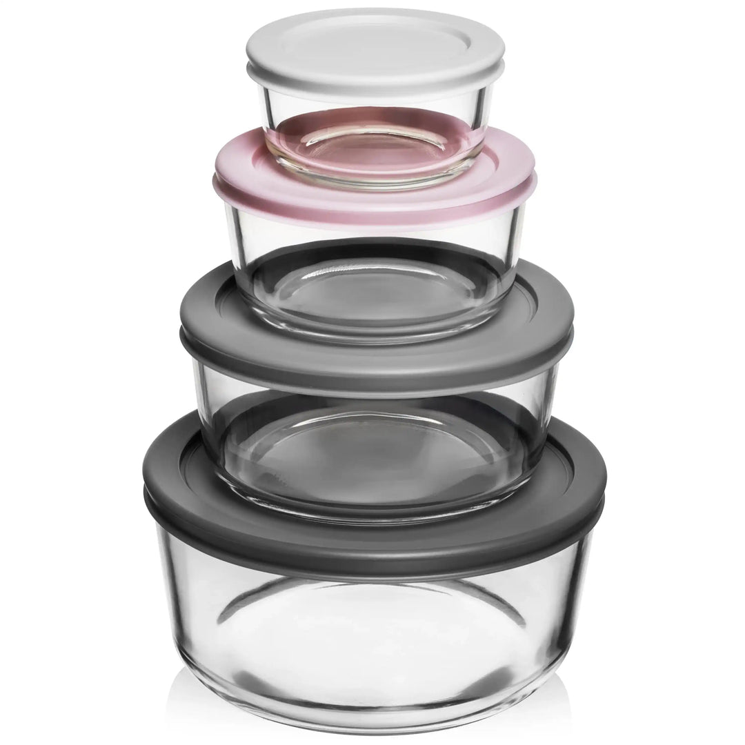 4 pc Round Glass Food Storage Contianers (2 sets of Colored Lids) -