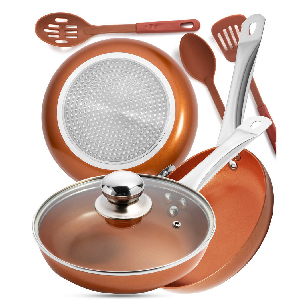 Razab Copper Frying Pan Set with Lids, 8, 9.5 & 11 Frying Pan Set,  Nonstick Skillets