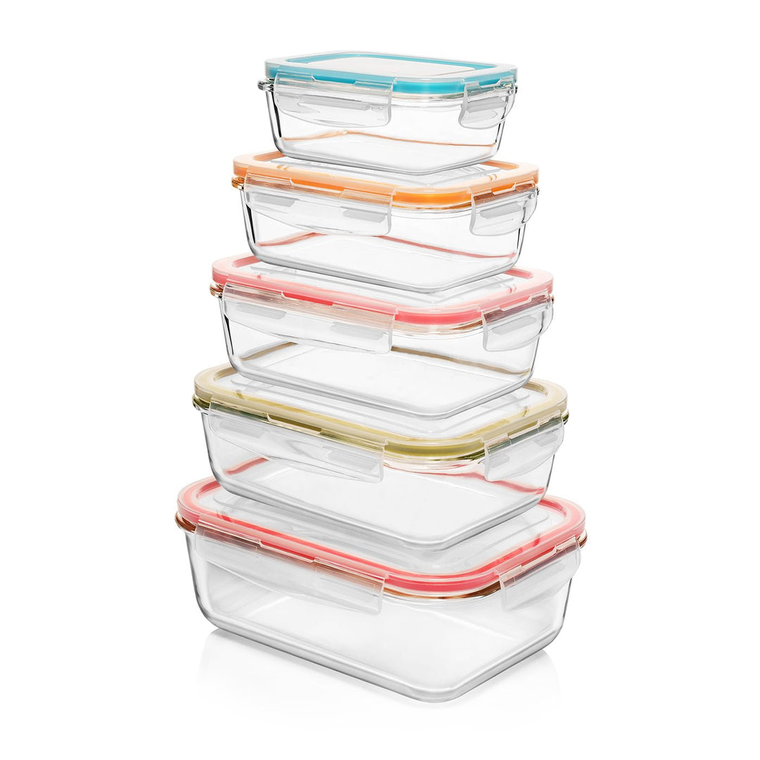 Set of 10 Pc Glass Food Storage Container (Color Coded Lids) - 10_Glass_ColorLids-1