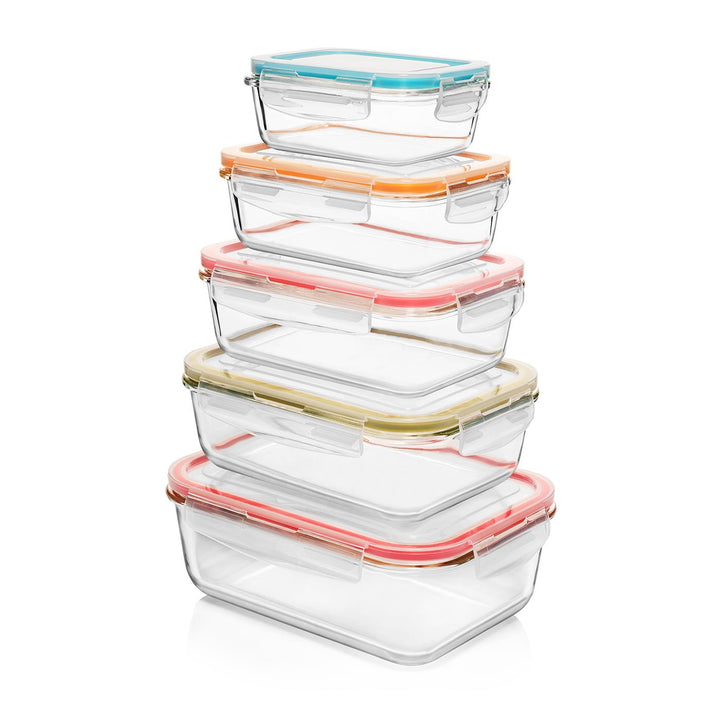 Set of 10 Pc Glass Food Storage Container (Color Coded Lids) - 10_Glass_ColorLids-1