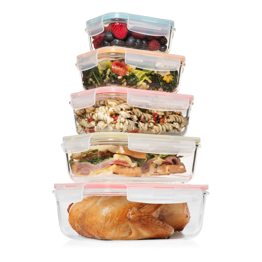 Set of 10 Pc Glass Food Storage Container (Color Coded Lids) - 10_Glass_ColorLids-1