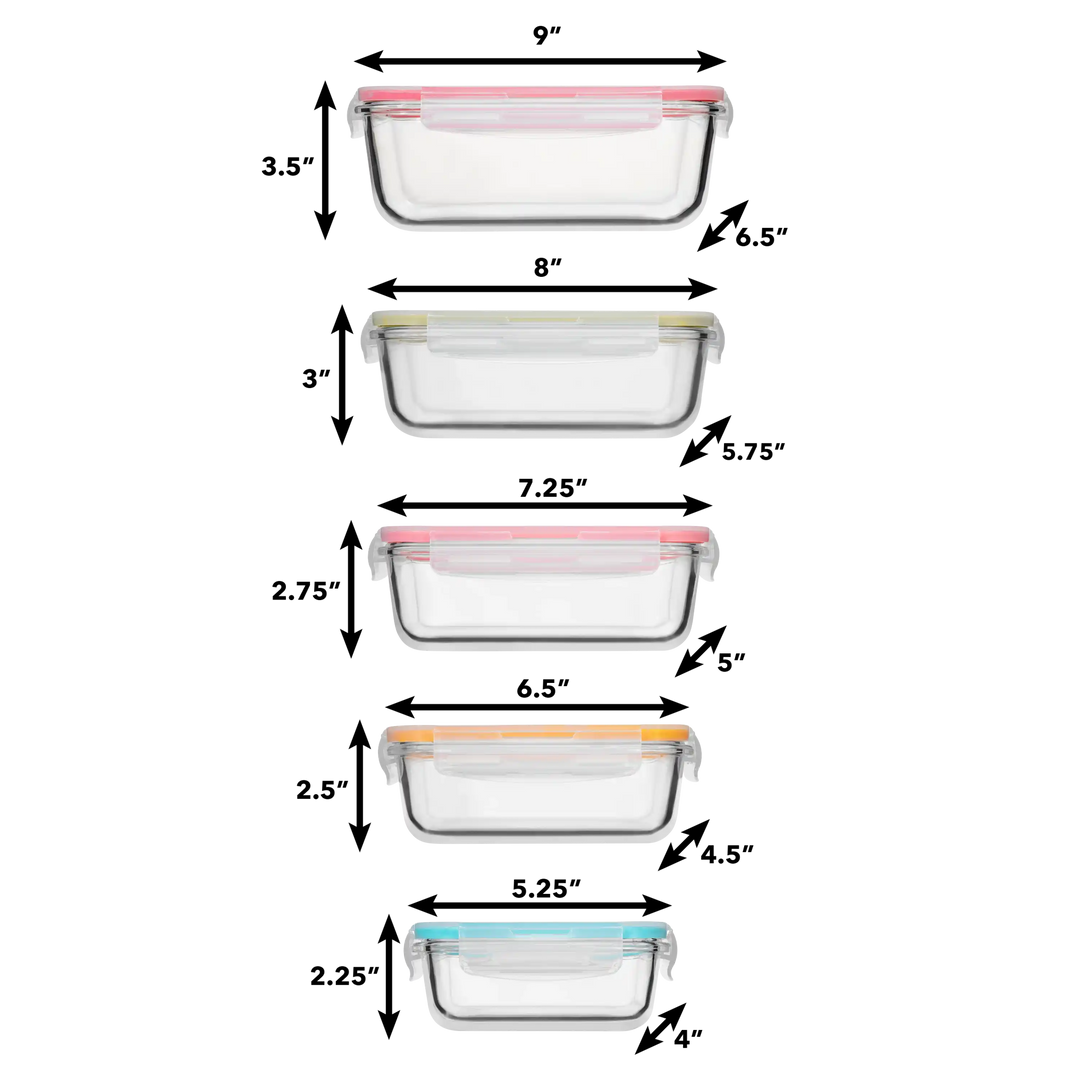 Set of 10 Pc Glass Food Storage Container (Color Coded Lids) - 10_Glass_ColorLids-1