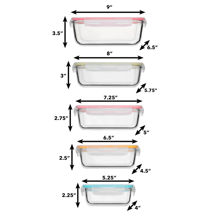 Set of 10 Pc Glass Food Storage Container (Color Coded Lids) - 10_Glass_ColorLids-1